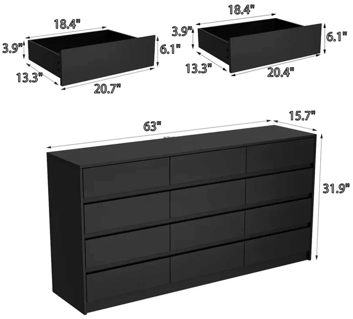 Black Dresser for Bedroom with 12 Drawers, Modern Chest of Drawers, Wood Dressers Bedroom Furniture Wide Storage Drawers Dressers Organizer for Closet, Living Room, Hallway