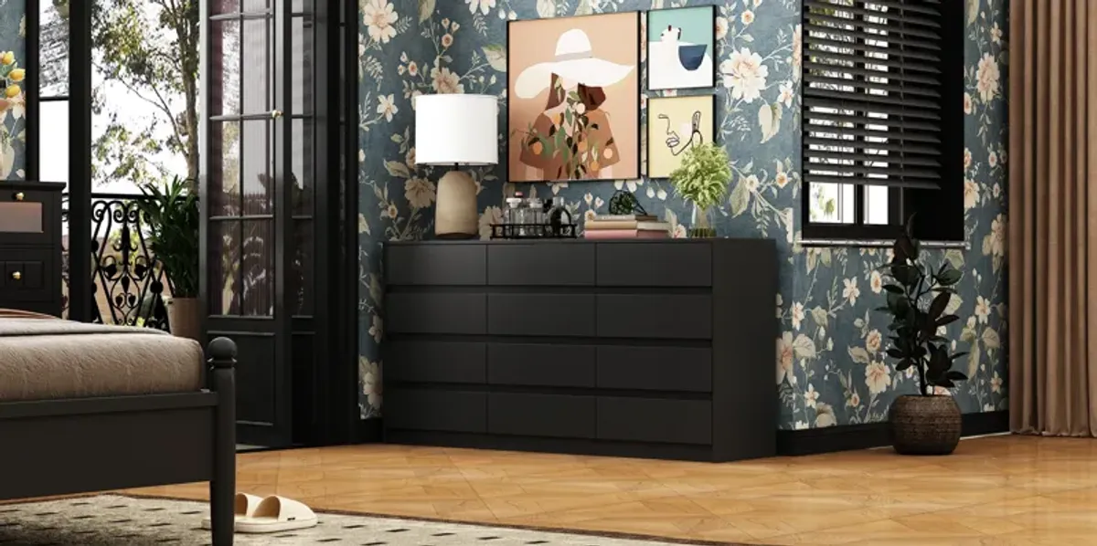 Black Dresser for Bedroom with 12 Drawers, Modern Chest of Drawers, Wood Dressers Bedroom Furniture Wide Storage Drawers Dressers Organizer for Closet, Living Room, Hallway