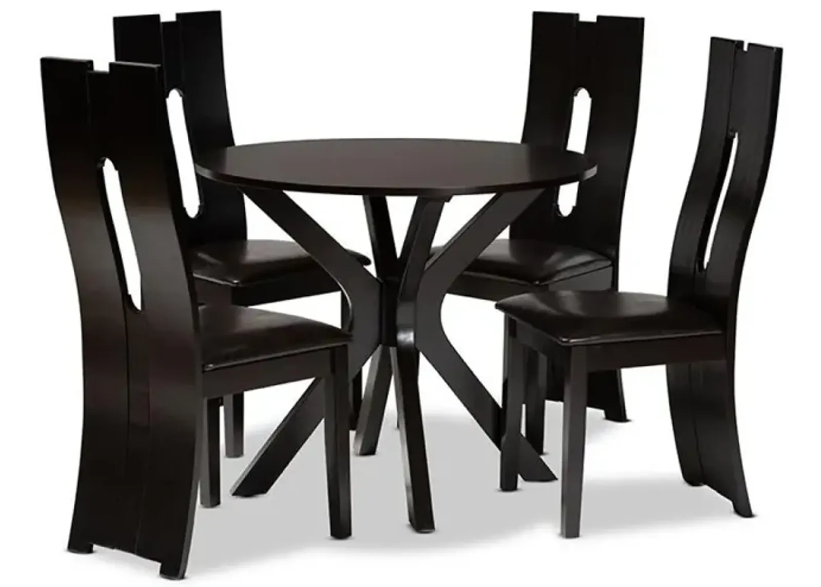 Leather Upholstered and Dark Brown Finished Wood 5-Piece Dining Set