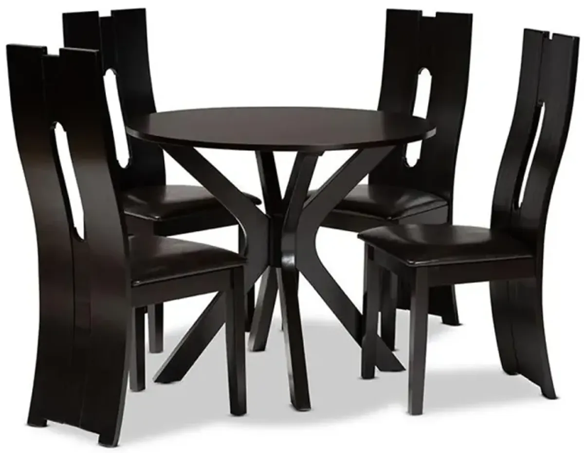 Leather Upholstered and Dark Brown Finished Wood 5-Piece Dining Set