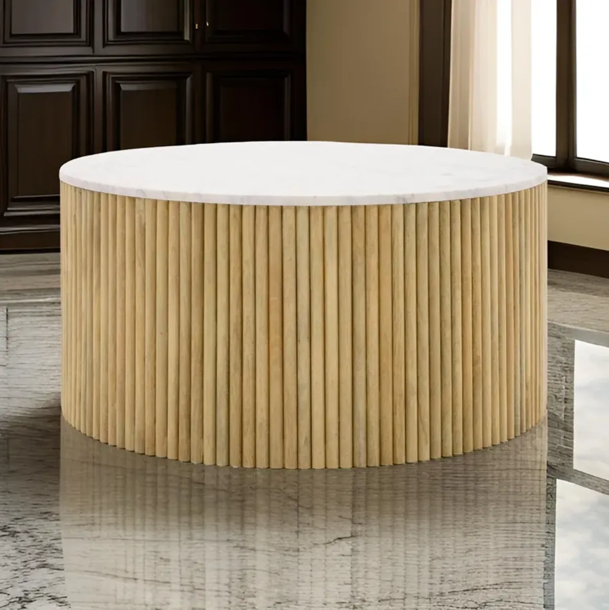 Cid Jolie 32 Inch Coffee Table, White Marble Top, Brown Mango Drum Base - Benzara