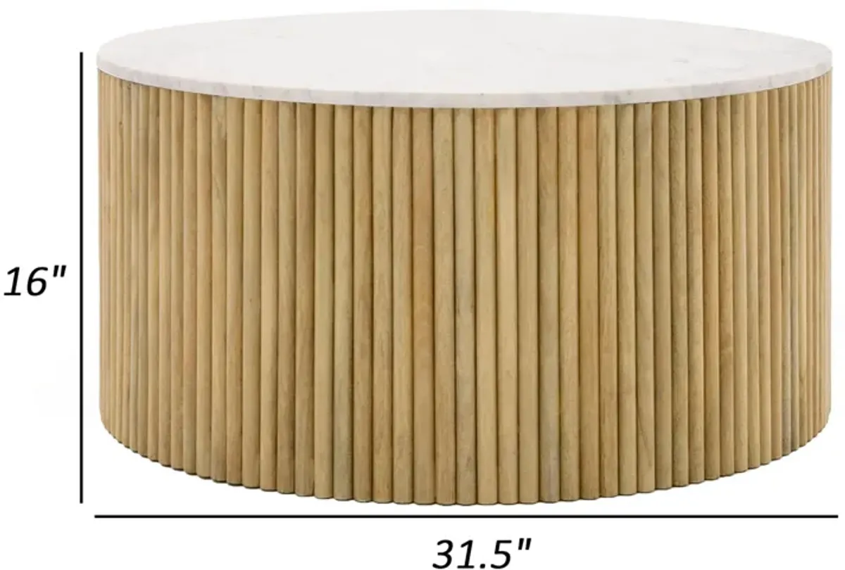 Cid Jolie 32 Inch Coffee Table, White Marble Top, Brown Mango Drum Base - Benzara