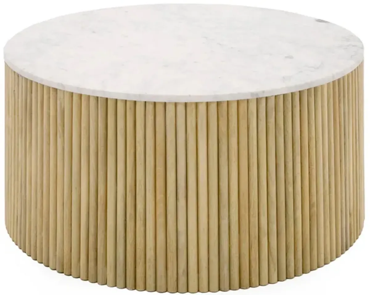 Cid Jolie 32 Inch Coffee Table, White Marble Top, Brown Mango Drum Base - Benzara