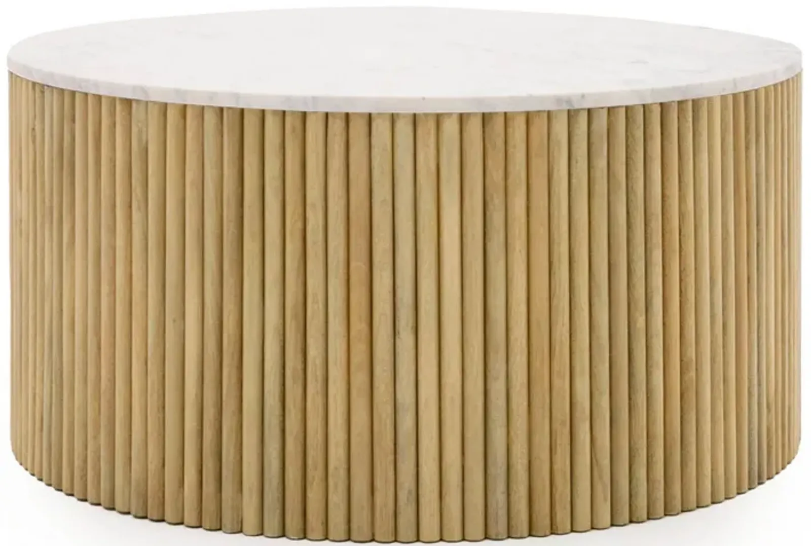 Cid Jolie 32 Inch Coffee Table, White Marble Top, Brown Mango Drum Base - Benzara