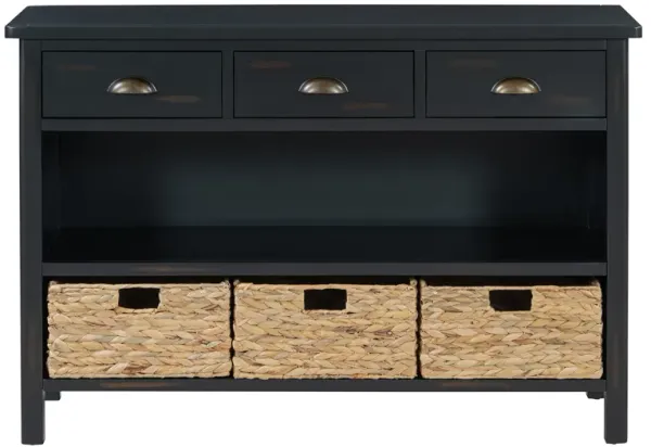 Clihome Retro Console Table with 3 Storage Drawers, Entryway Table with 3 Water Hyacinth Woven Baskets,Wooden Accent Sofa Table Buffet Cabinet for Entryway, Hallway and Living Room (Espresso)