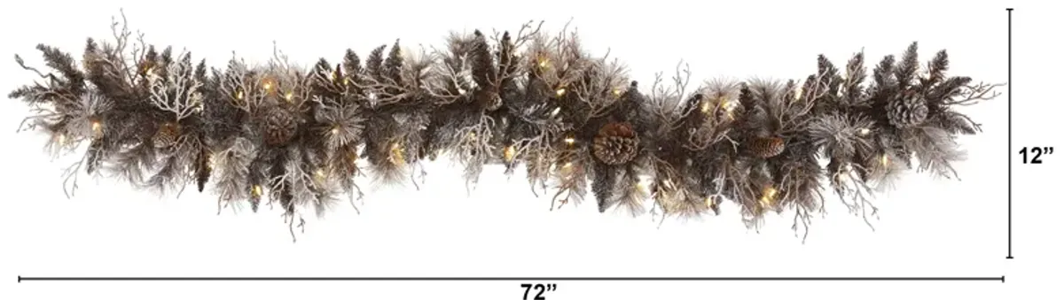 Hivvago 6' Flocked Artificial Christmas Garland with 50 White Warm LED Lights and Pine Cones