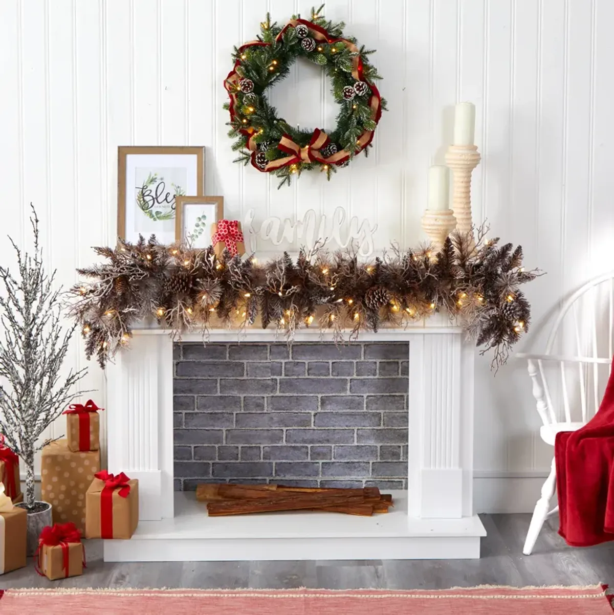 Hivvago 6' Flocked Artificial Christmas Garland with 50 White Warm LED Lights and Pine Cones