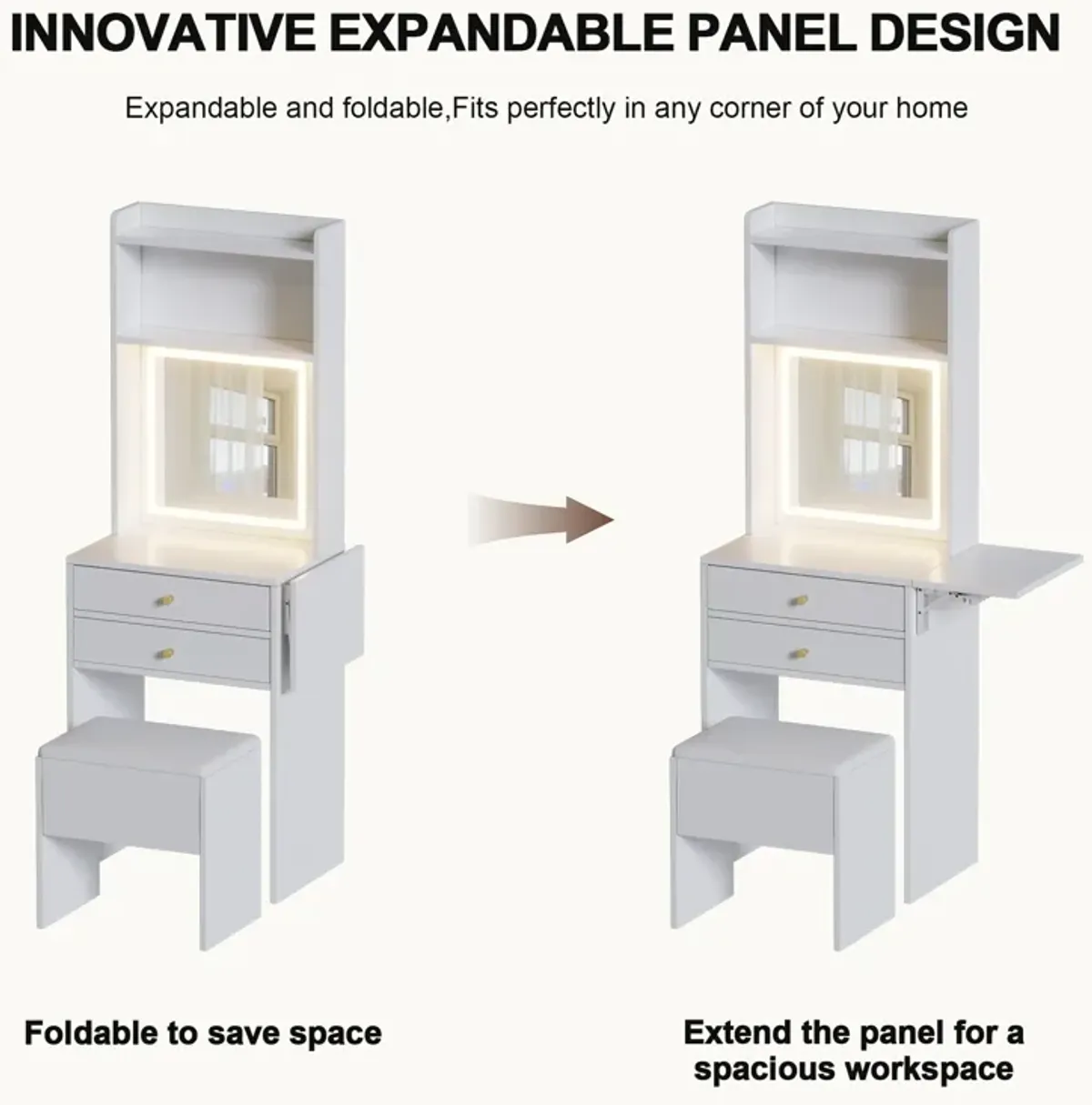 Small Space Vanity Table Set with 3 Adjustable Lighted Mirror and Storage Chair, Makeup Vanity Table for Small Space, White Dressing Table with Fold-up Panel for Bedroom