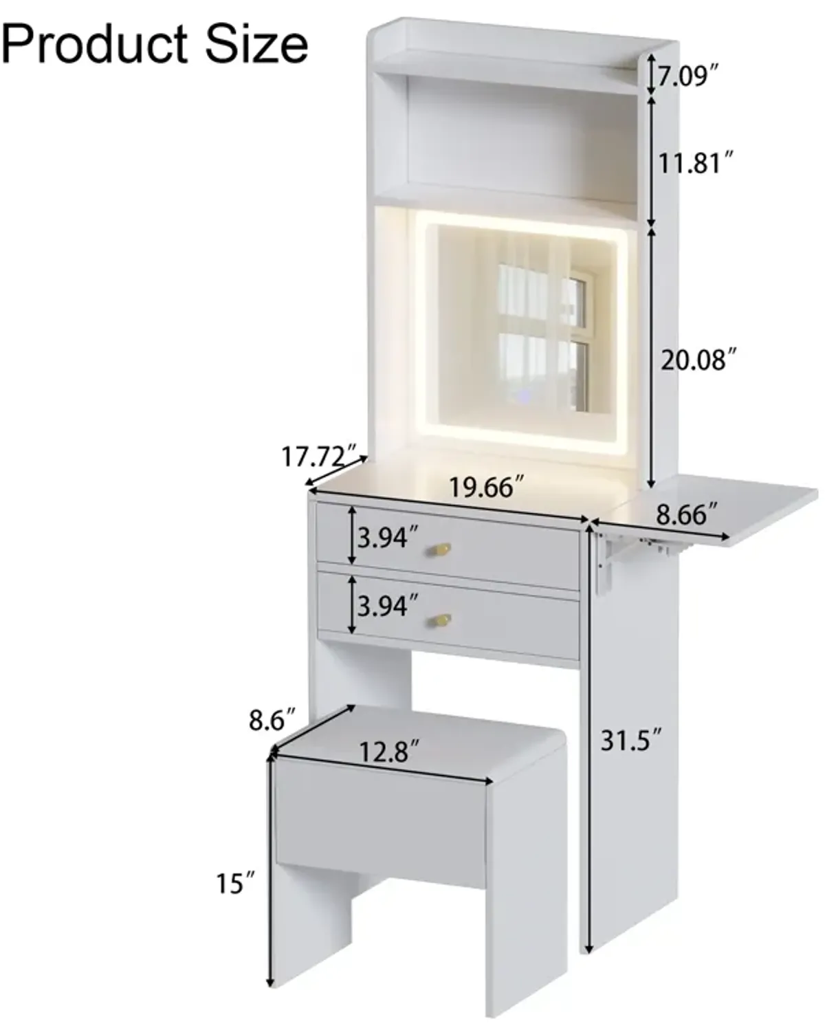 Small Space Vanity Table Set with 3 Adjustable Lighted Mirror and Storage Chair, Makeup Vanity Table for Small Space, White Dressing Table with Fold-up Panel for Bedroom