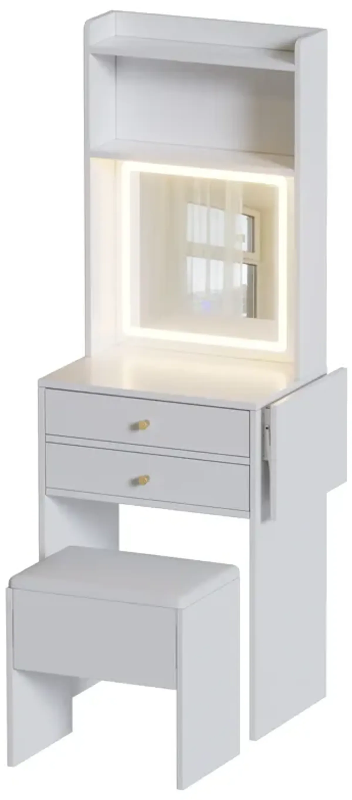 Small Space Vanity Table Set with 3 Adjustable Lighted Mirror and Storage Chair, Makeup Vanity Table for Small Space, White Dressing Table with Fold-up Panel for Bedroom