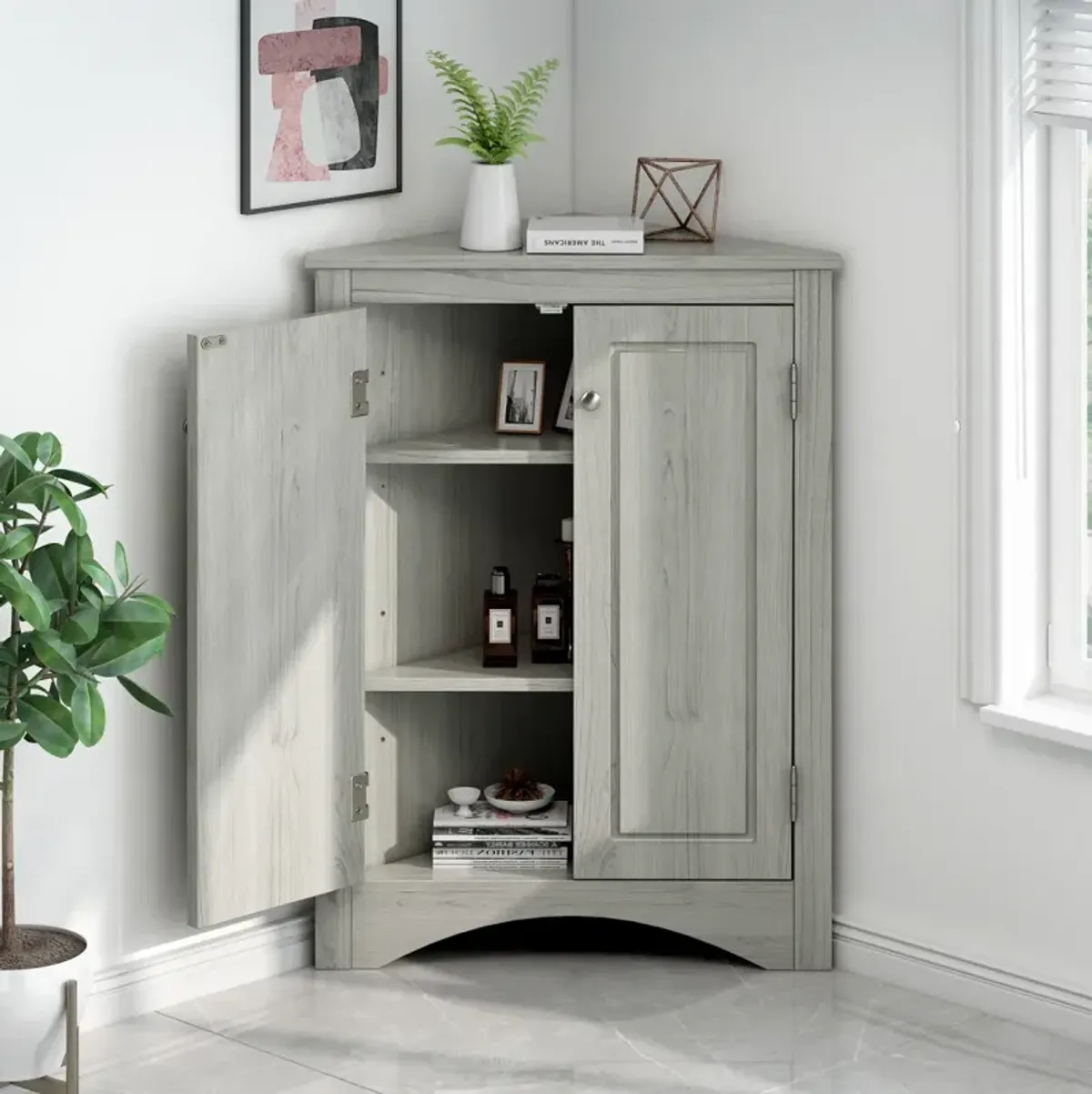 Oak Bathroom Storage Cabinet with Adjustable Shelves