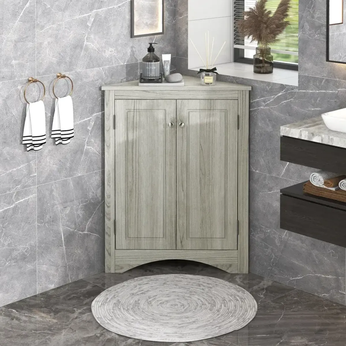 Oak Bathroom Storage Cabinet with Adjustable Shelves