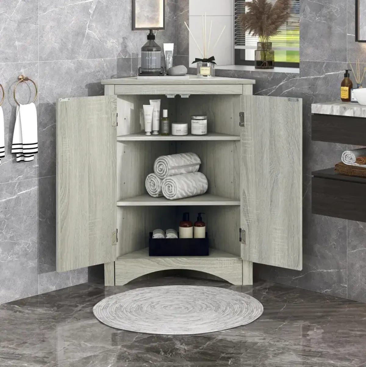 Oak Bathroom Storage Cabinet with Adjustable Shelves