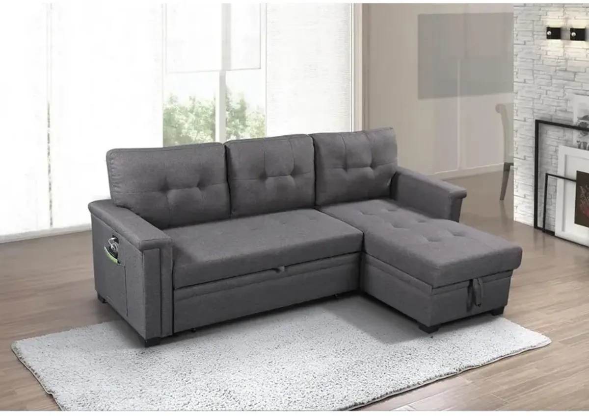 Lilola Home Ashlyn Dark Gray Reversible Sleeper Sectional Sofa with Storage Chaise, USB Charging Ports and Pocket