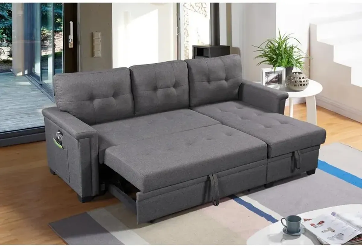 Lilola Home Ashlyn Dark Gray Reversible Sleeper Sectional Sofa with Storage Chaise, USB Charging Ports and Pocket