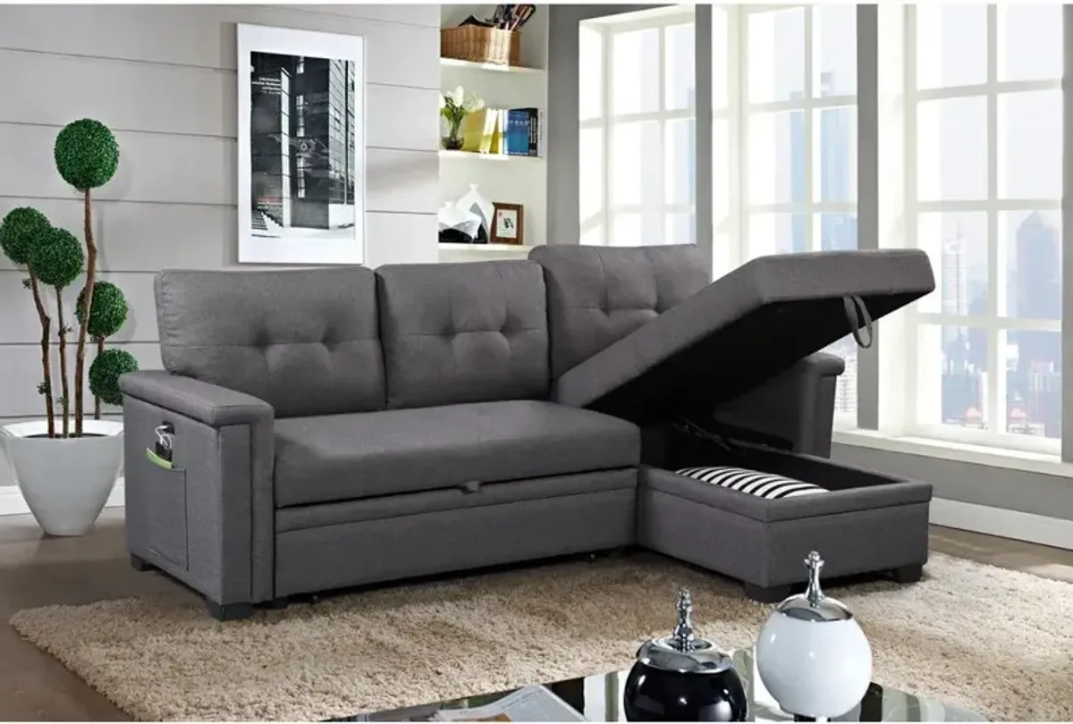 Lilola Home Ashlyn Dark Gray Reversible Sleeper Sectional Sofa with Storage Chaise, USB Charging Ports and Pocket