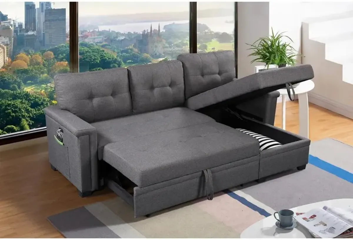 Lilola Home Ashlyn Dark Gray Reversible Sleeper Sectional Sofa with Storage Chaise, USB Charging Ports and Pocket