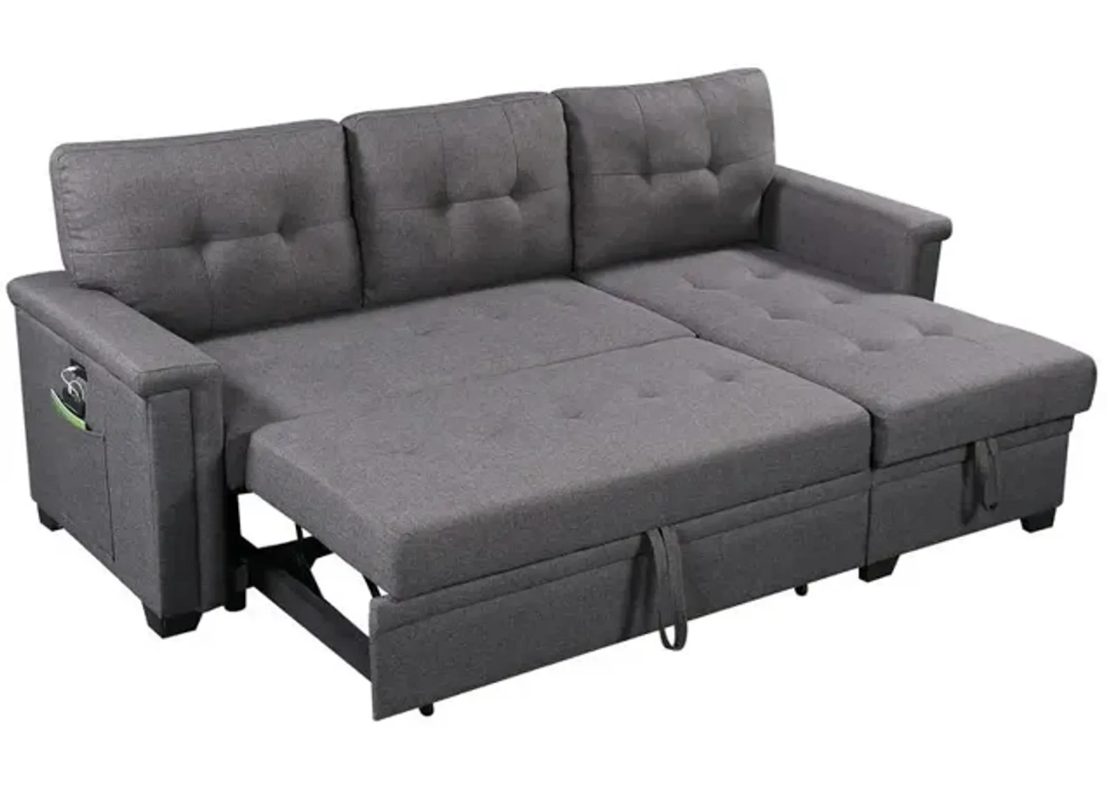 Lilola Home Ashlyn Dark Gray Reversible Sleeper Sectional Sofa with Storage Chaise, USB Charging Ports and Pocket