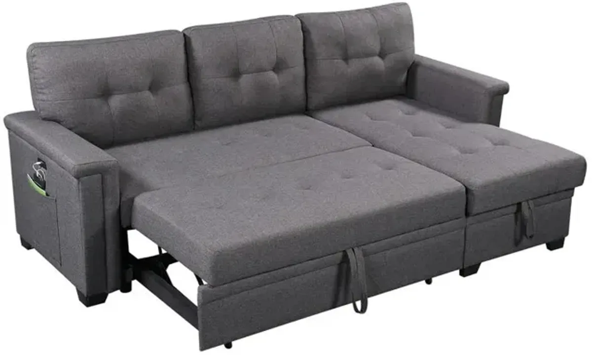 Lilola Home Ashlyn Dark Gray Reversible Sleeper Sectional Sofa with Storage Chaise, USB Charging Ports and Pocket