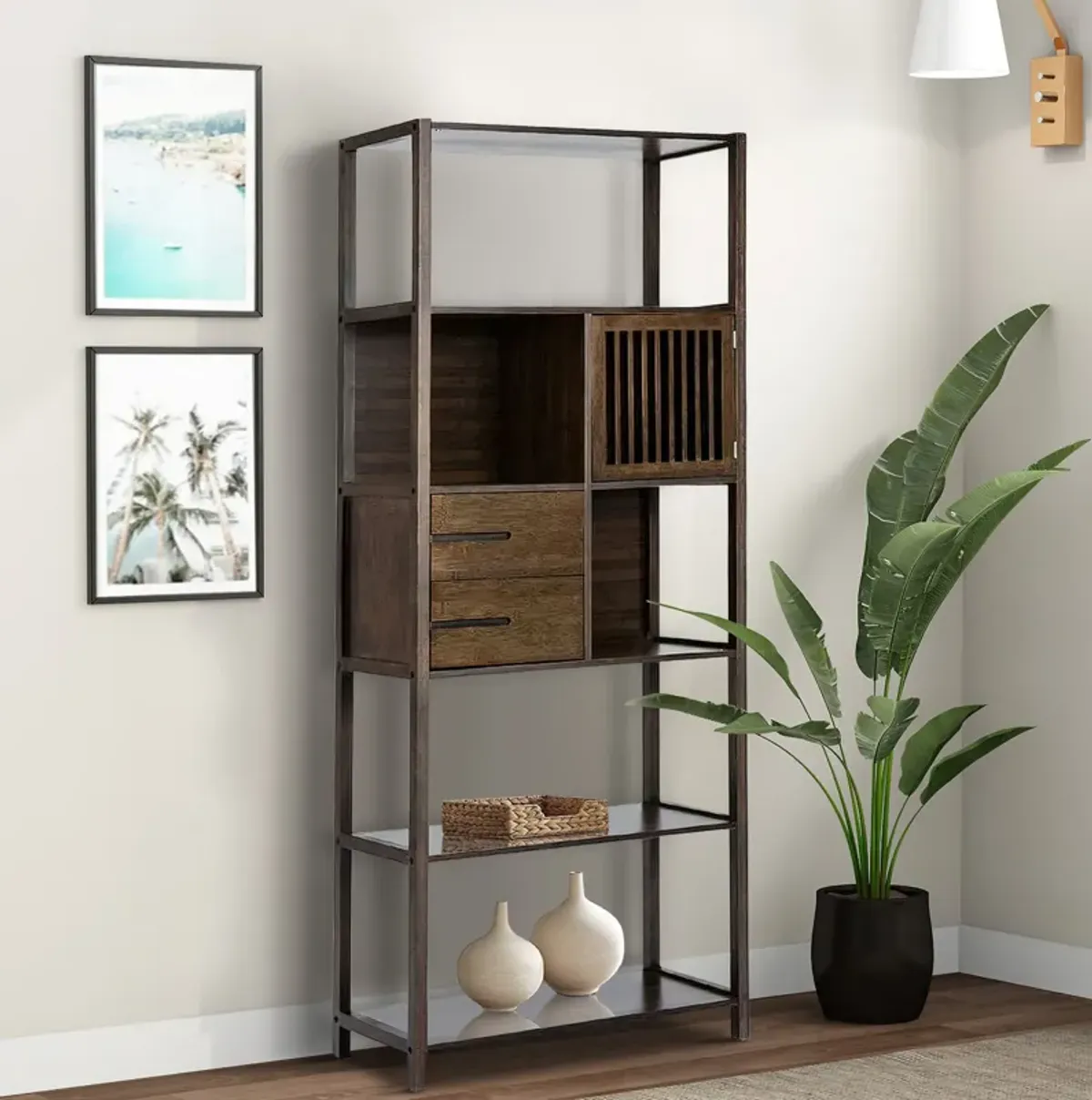 Axa 68 Inch Bamboo Shelf Bookcase with Cabinet, Right Facing, Dark Brown-Benzara