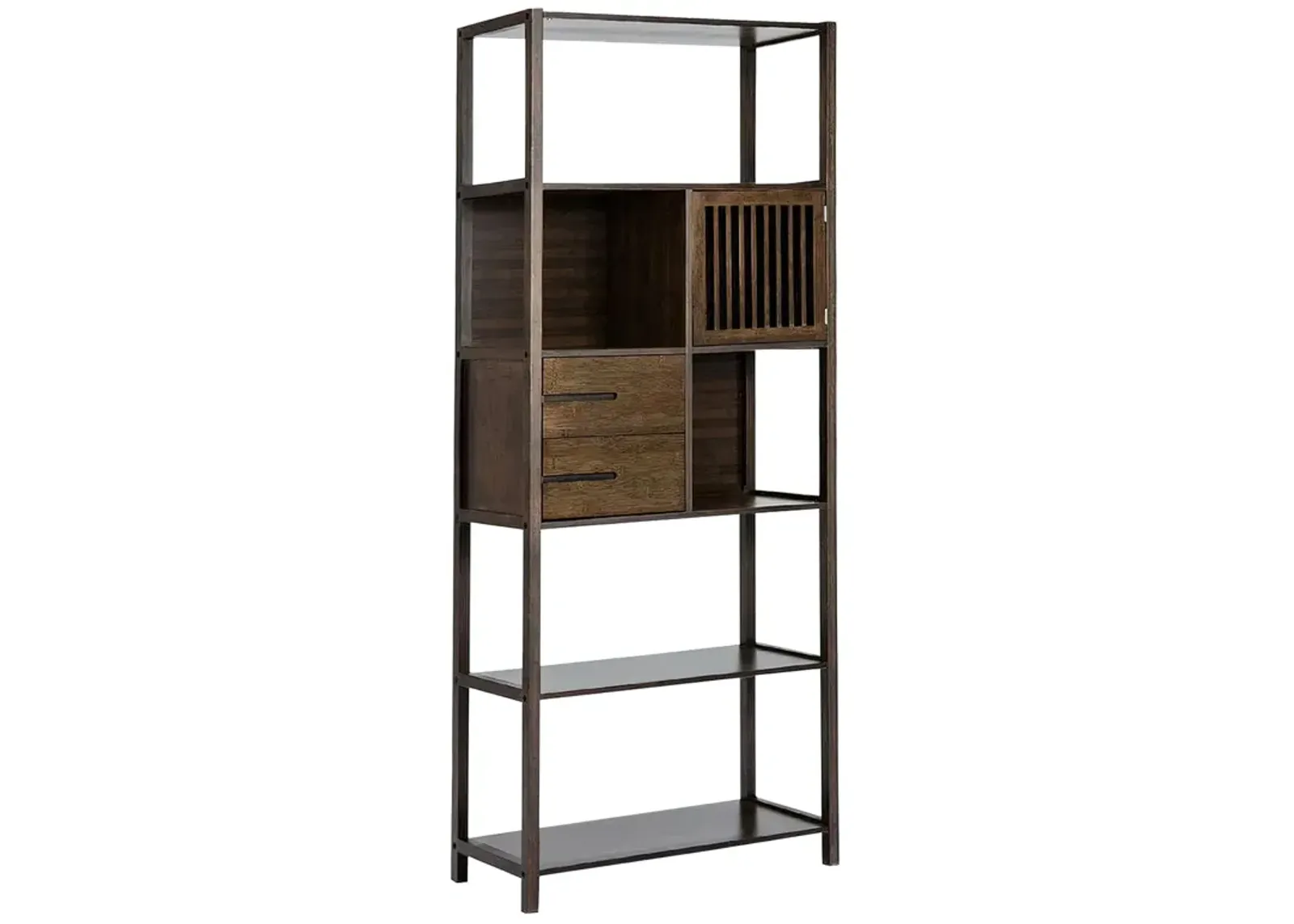 Axa 68 Inch Bamboo Shelf Bookcase with Cabinet, Right Facing, Dark Brown-Benzara