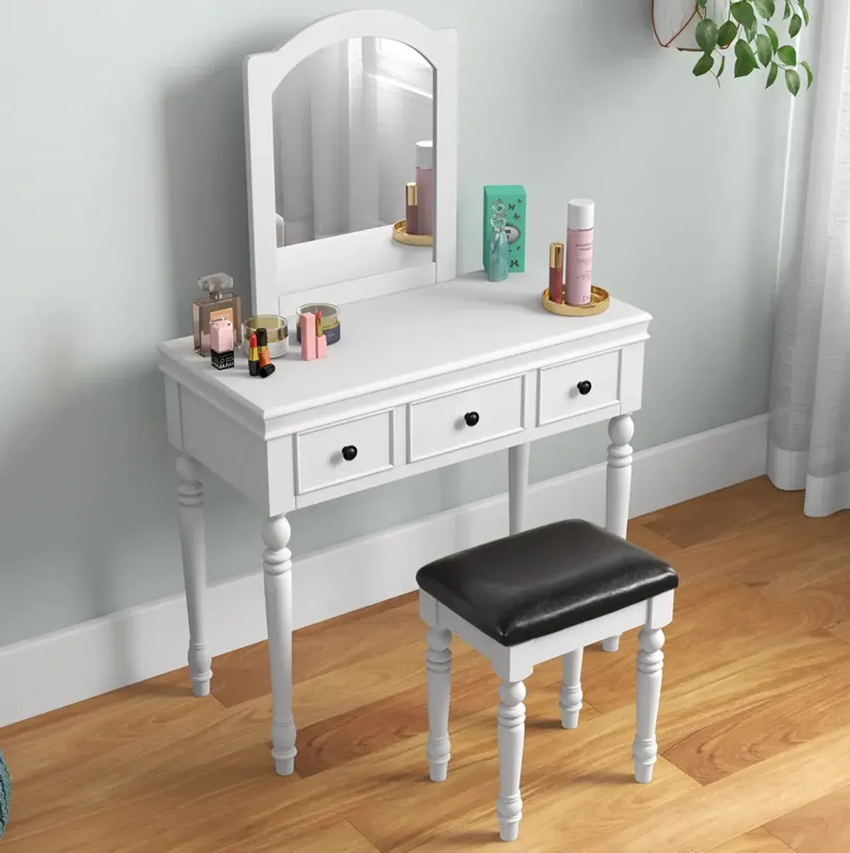 Makeup Vanity Table and Stool Set with Detachable Mirror and 3 Drawers Storage