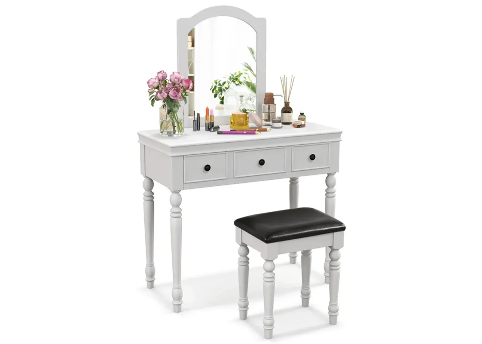 Makeup Vanity Table and Stool Set with Detachable Mirror and 3 Drawers Storage