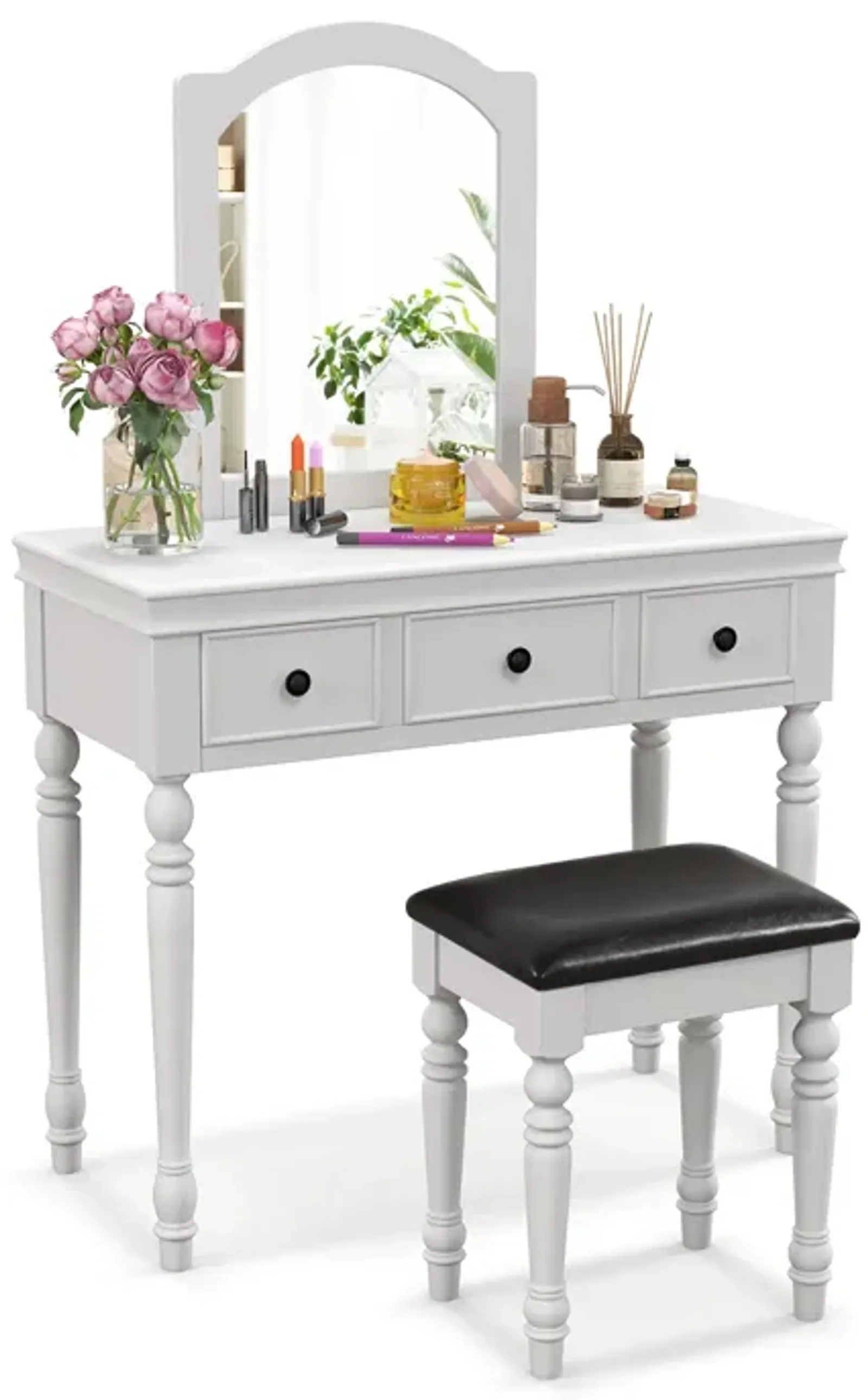 Makeup Vanity Table and Stool Set with Detachable Mirror and 3 Drawers Storage