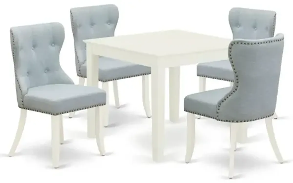 East-West Furniture OXSI5-LWH-15 - A kitchen table set of 4 wonderful dining chairs with Linen Fabric Baby Blue color and a stunning Square kitchen table with Linen White color
