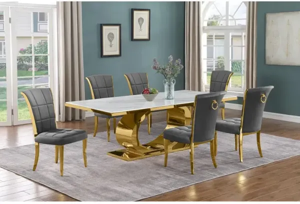 Best Quality Furniture 7pc Large(87) marble top dining set with gold base and 6 Dark grey side chairs