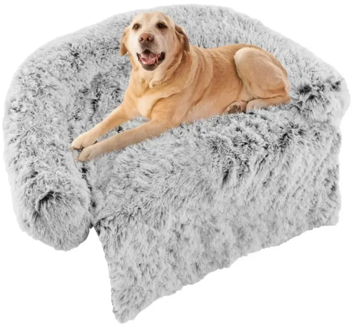 Hivvago White Plush Calming Dog Couch Bed with Anti-Slip Bottom