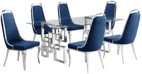 7-piece glam dining set with  6 Navy blue chairs and one 79" glass dining table
