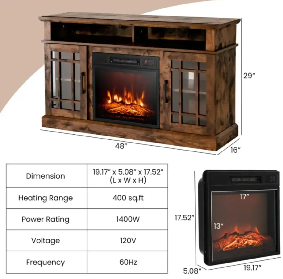 Hivvago 48 Inch Electric Fireplace TV Stand with Cabinets for TVs Up to 55 Inch