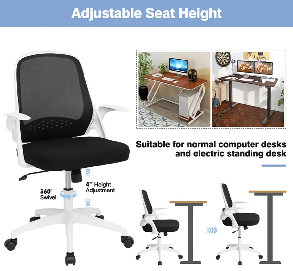 Costway Mesh Office Chair Adjustable Rolling Computer Desk Chair w/Flip-up Armrest White