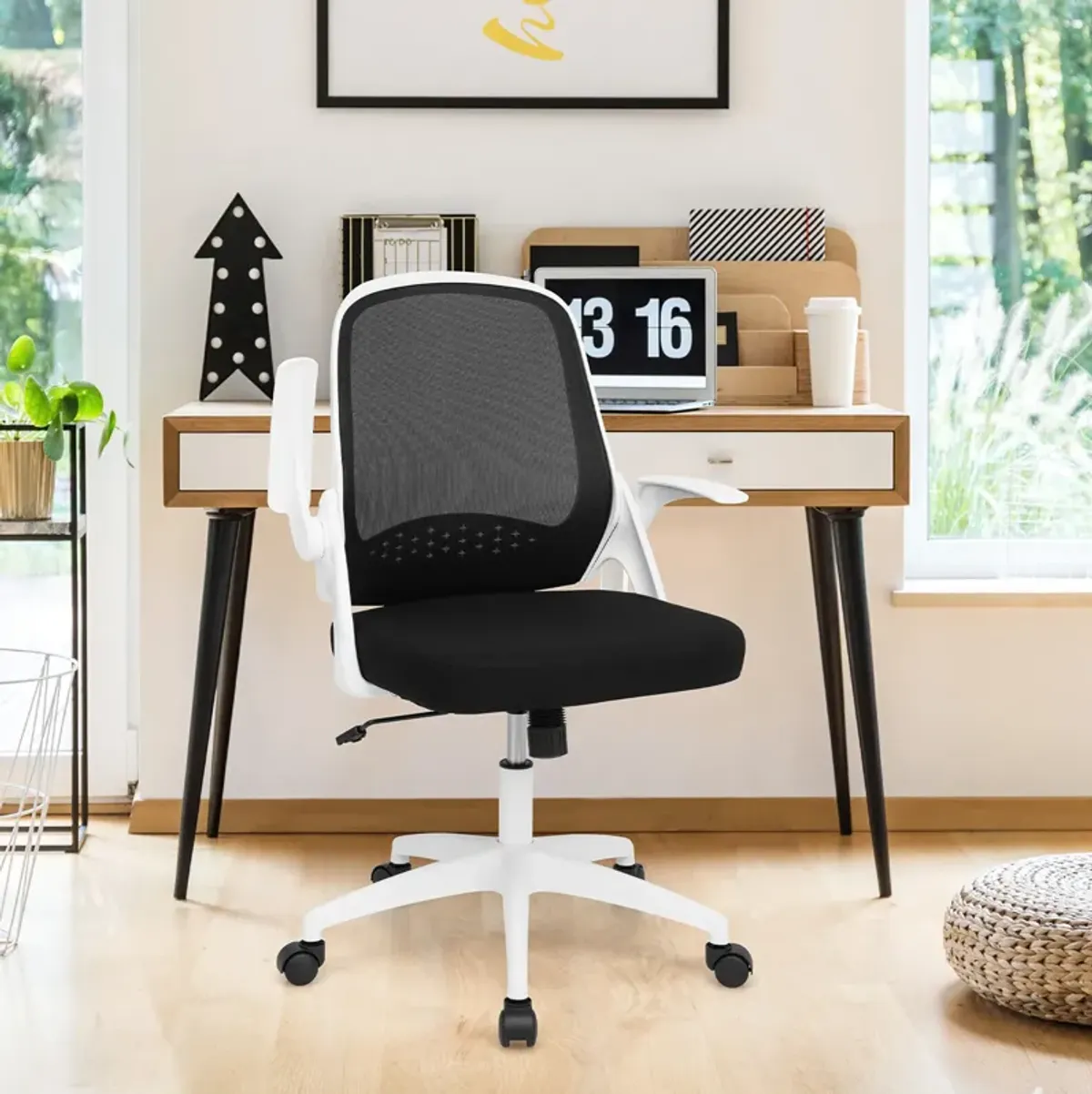 Costway Mesh Office Chair Adjustable Rolling Computer Desk Chair w/Flip-up Armrest White