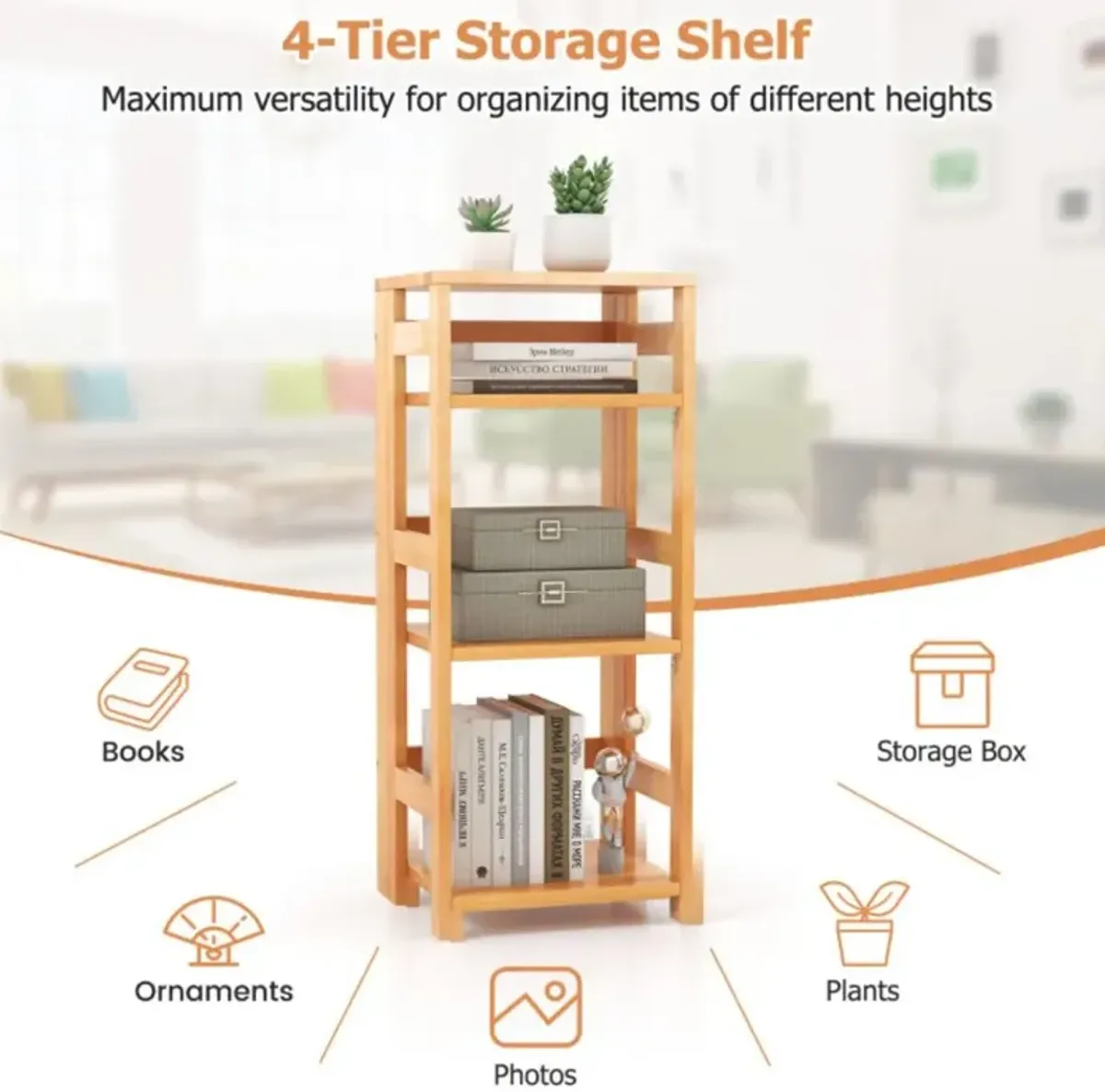 Hivvago 14-Inch 4-Tier Rubber Wood Bookcase with Side Fences