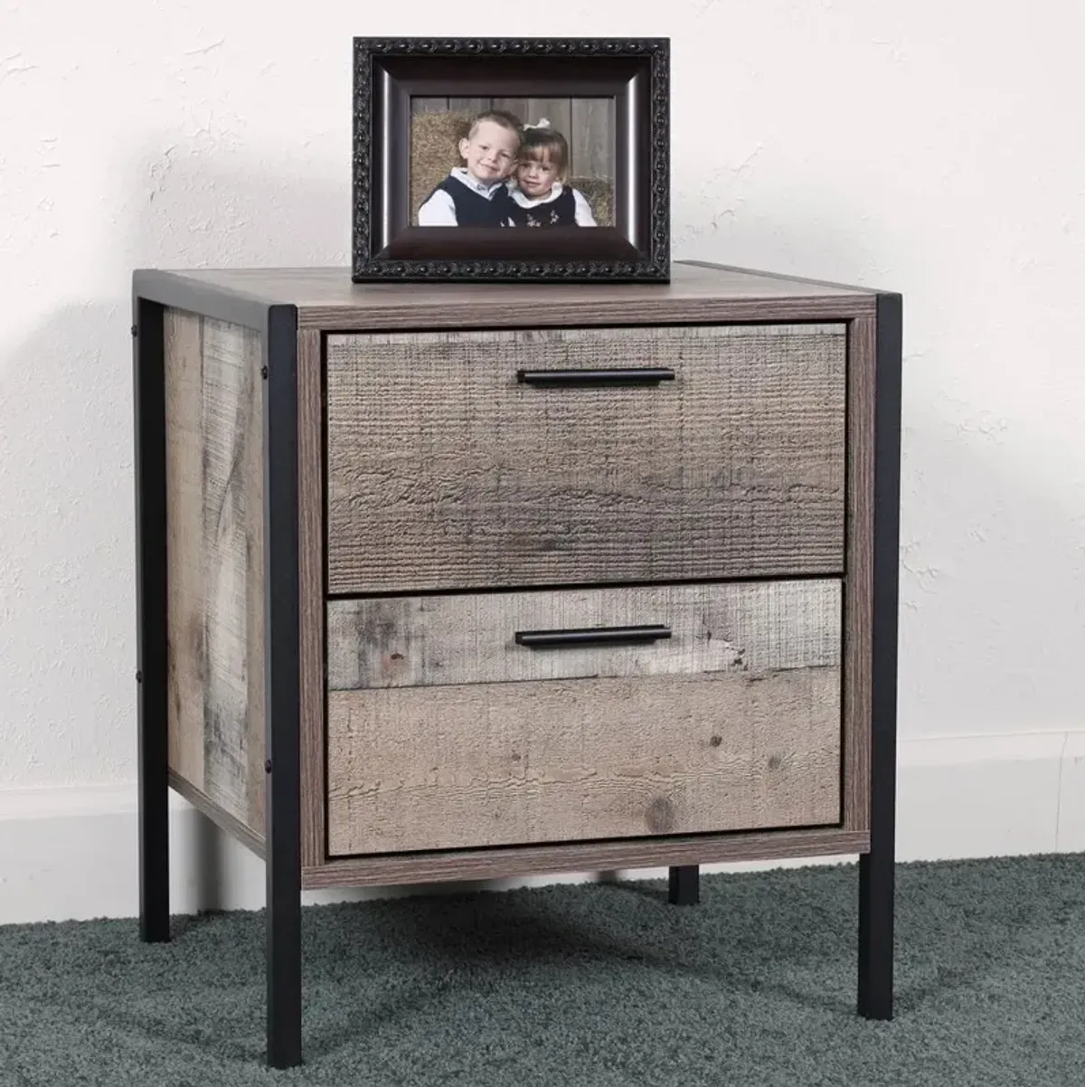 Two Drawer Night Stand with Metal Frame and Legs