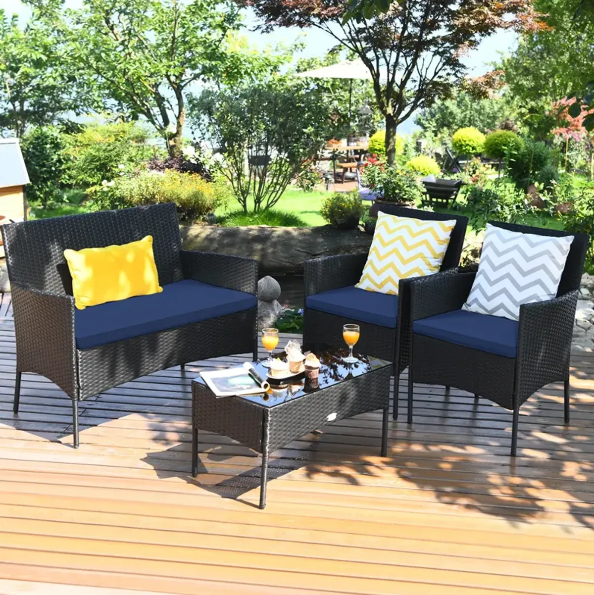 4 Pieces Patio Rattan Cushioned Sofa Set with Tempered Glass Coffee Table-Navy