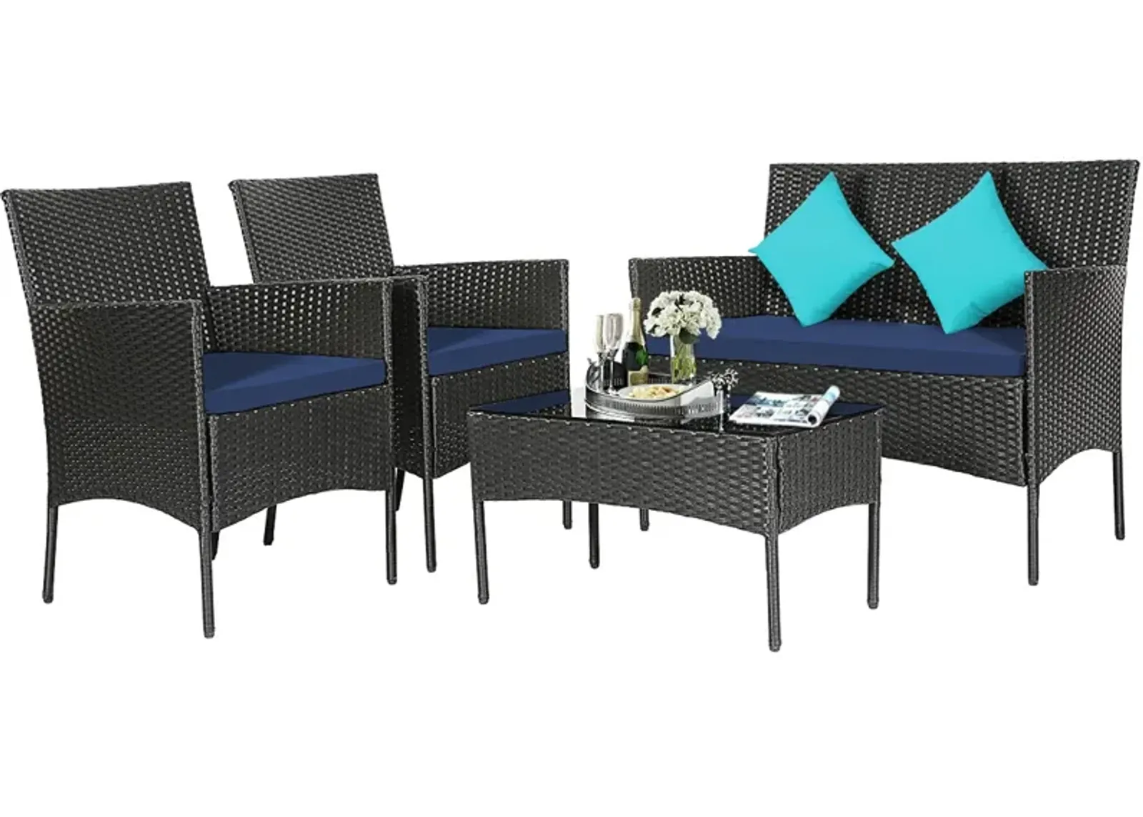 4 Pieces Patio Rattan Cushioned Sofa Set with Tempered Glass Coffee Table-Navy