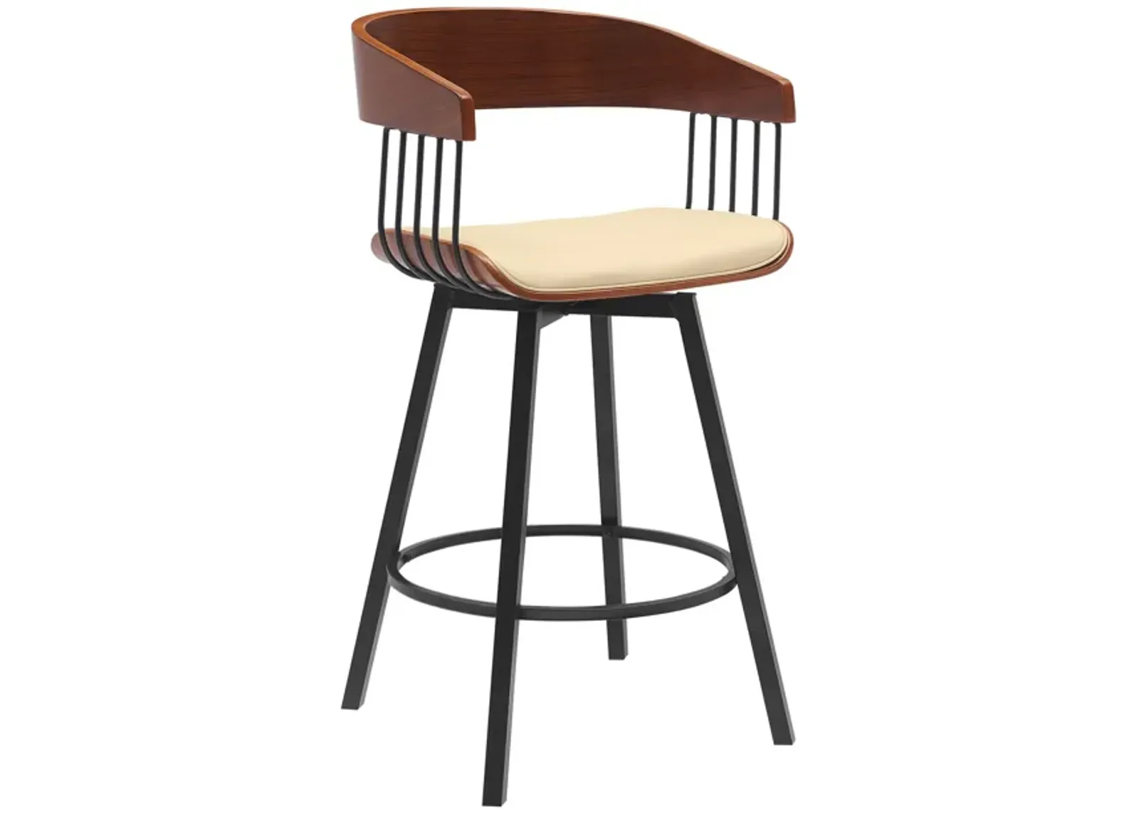 Vera 27 Inch Swivel Counter Stool Chair, Brown Open Back Cream Faux Leather - Benzara