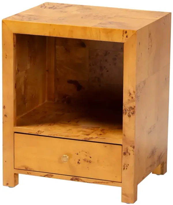 bali & pari Camira Modern and Contemporary Natural Light Mappa Burl Wood 1 Drawer Nightstand
