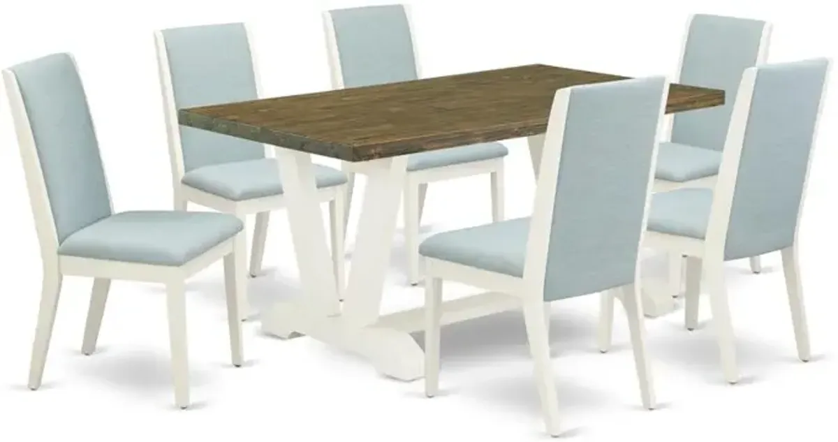 East West Furniture V076LA015-7 7Pc Dinette Set Offers a Wood Dining Table and 6 Parsons Dining Chairs with Baby Blue Color Linen Fabric, Medium Size Table with Full Back Chairs, Wirebrushed Linen Whi
