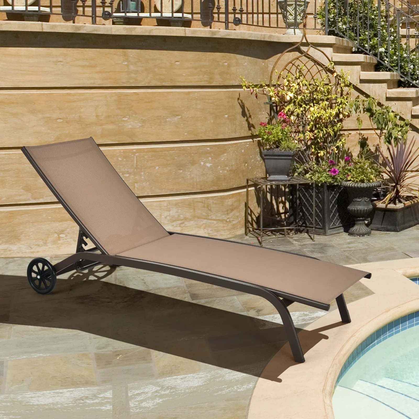 6-Poisition Adjustable Outdoor Chaise Recliner with Wheels