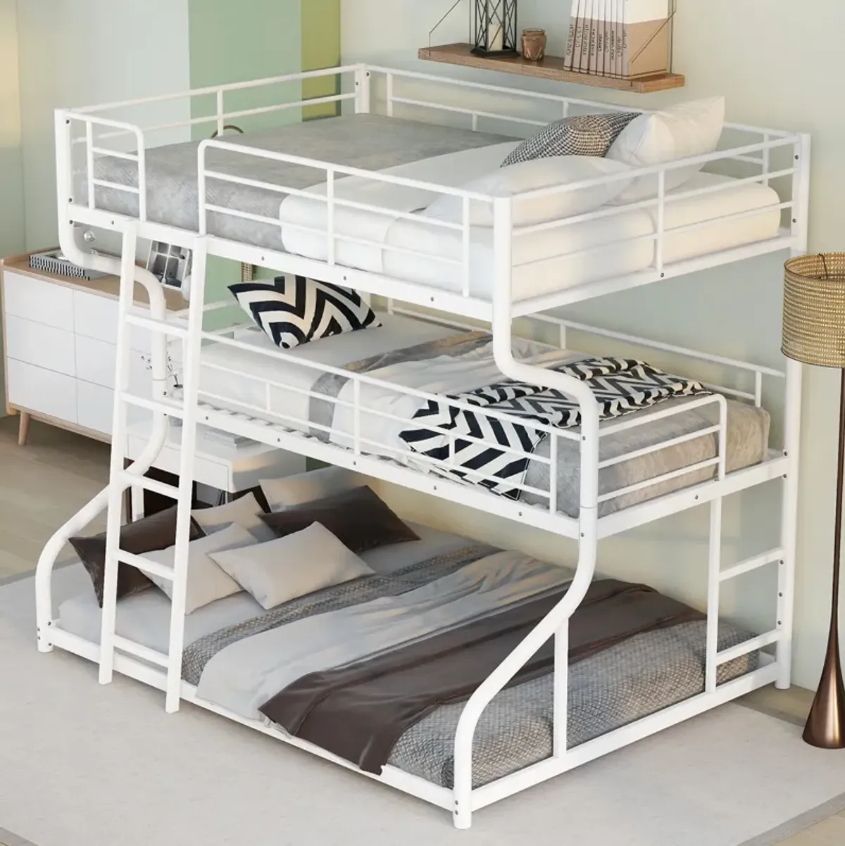 Space-Saving Triple Bunk Bed with Long and Short Ladders