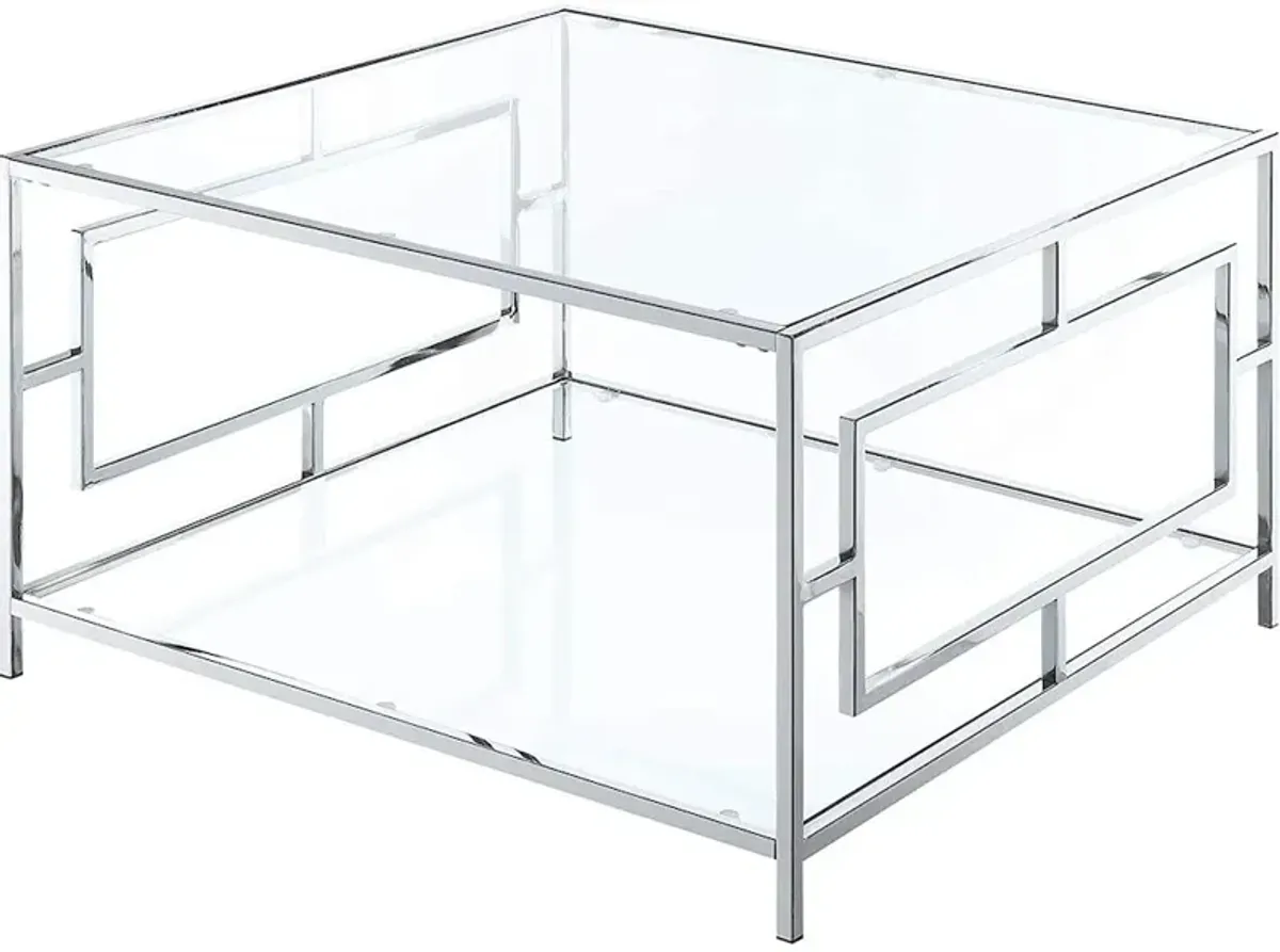 Convenience Concepts Town Square Chrome Square Coffee Table with Shelf, Clear Glass/Chrome Frame