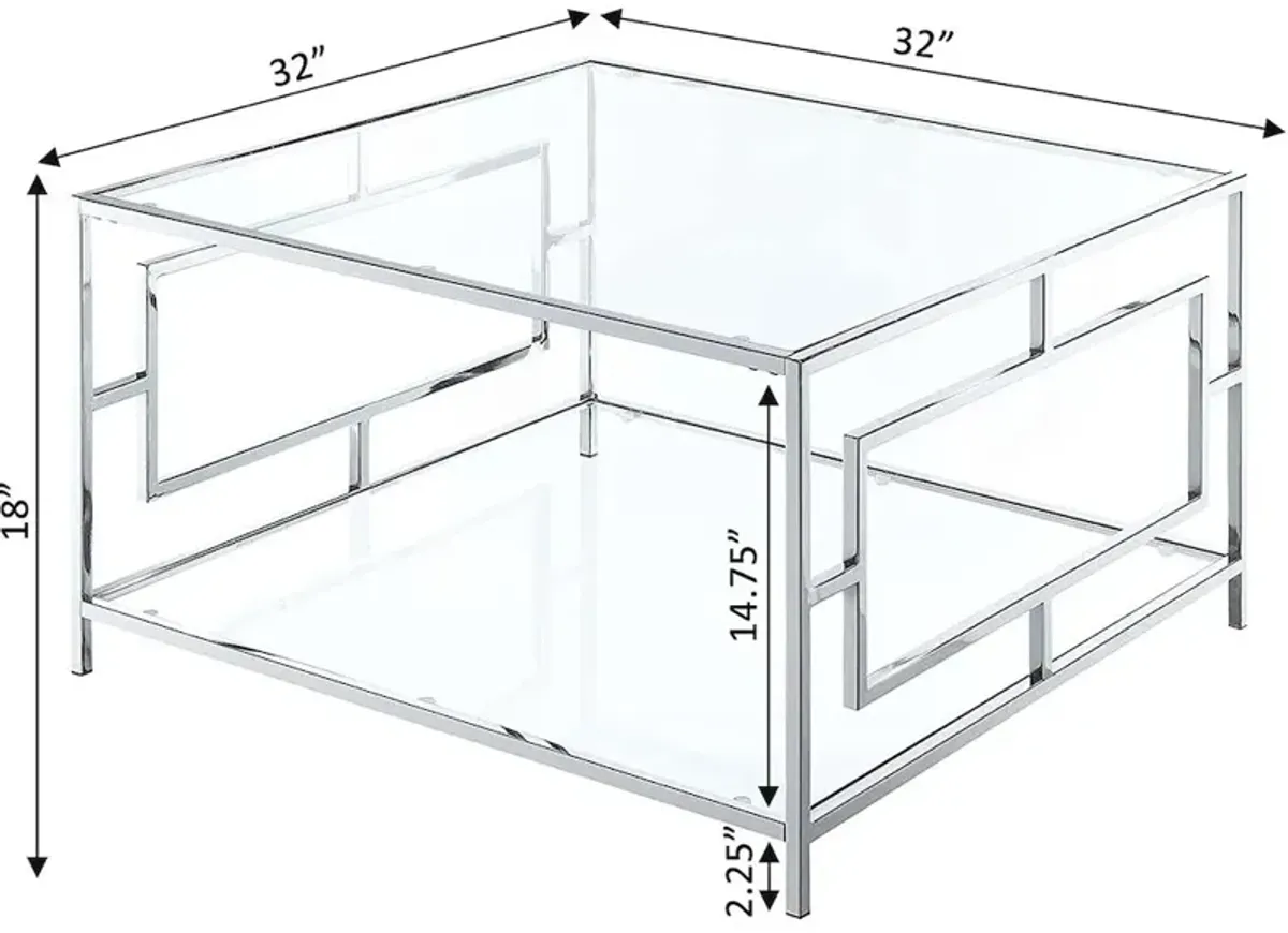 Convenience Concepts Town Square Chrome Square Coffee Table with Shelf, Clear Glass/Chrome Frame