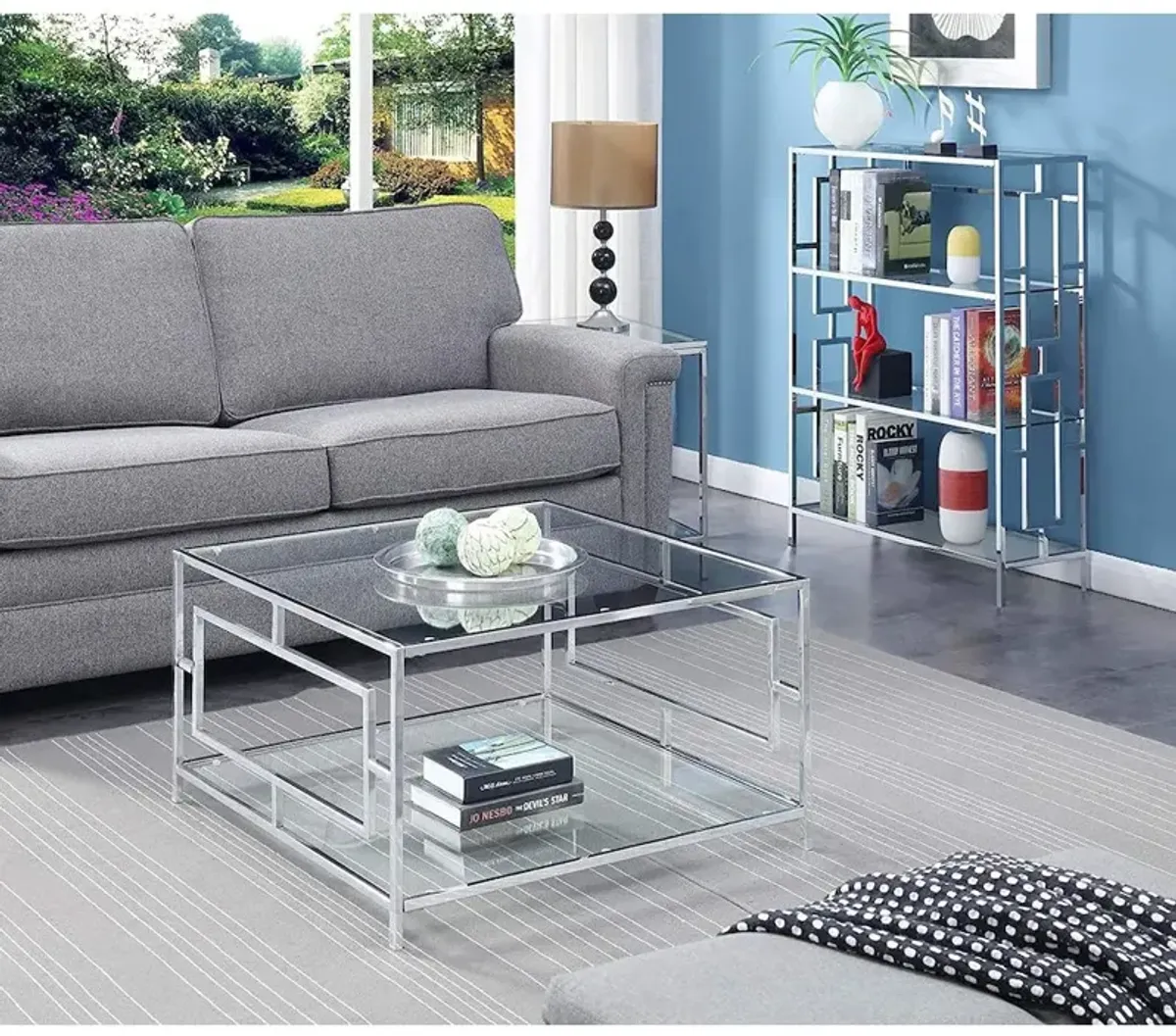 Convenience Concepts Town Square Chrome Square Coffee Table with Shelf, Clear Glass/Chrome Frame