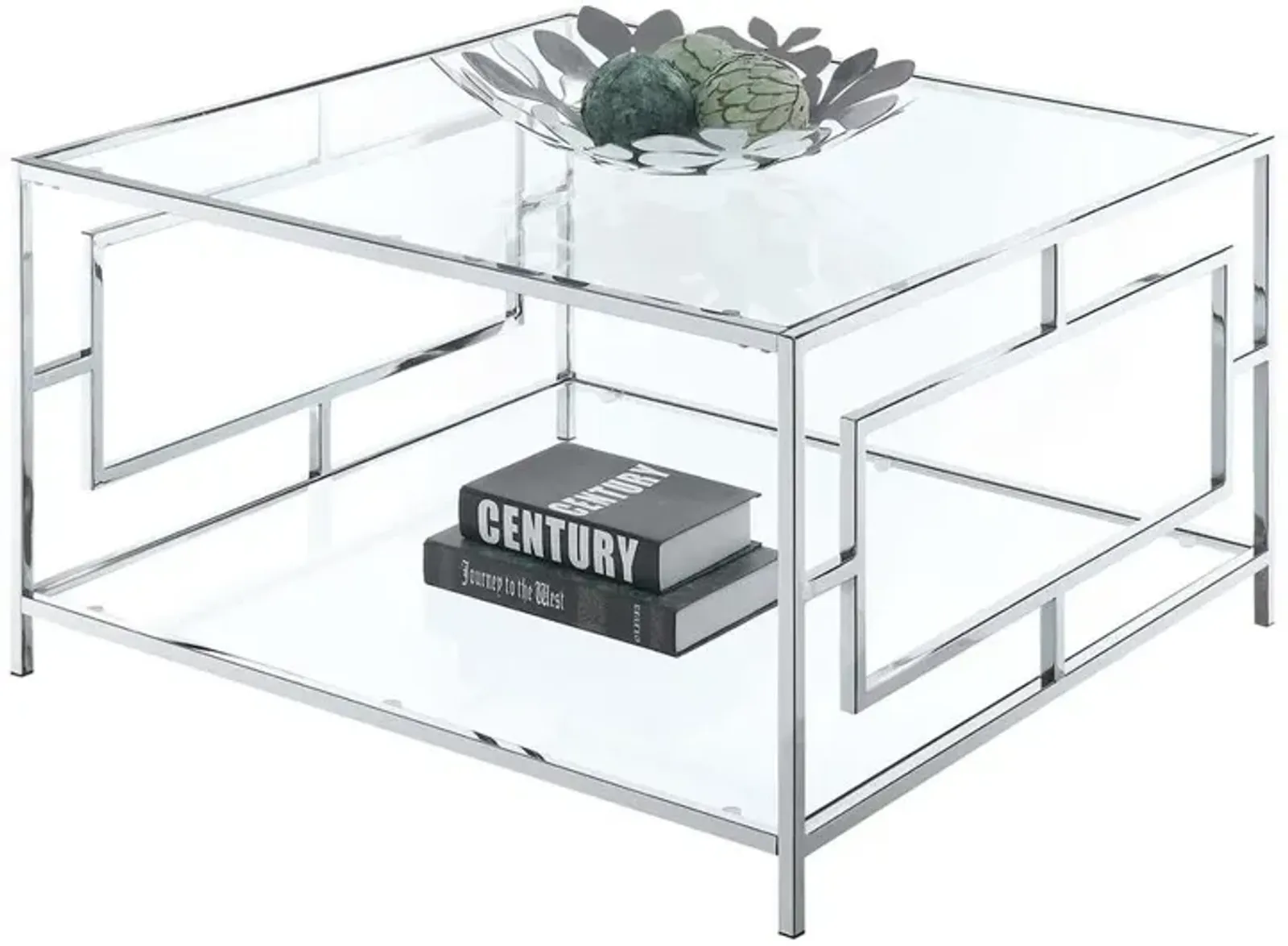 Convenience Concepts Town Square Chrome Square Coffee Table with Shelf, Clear Glass/Chrome Frame