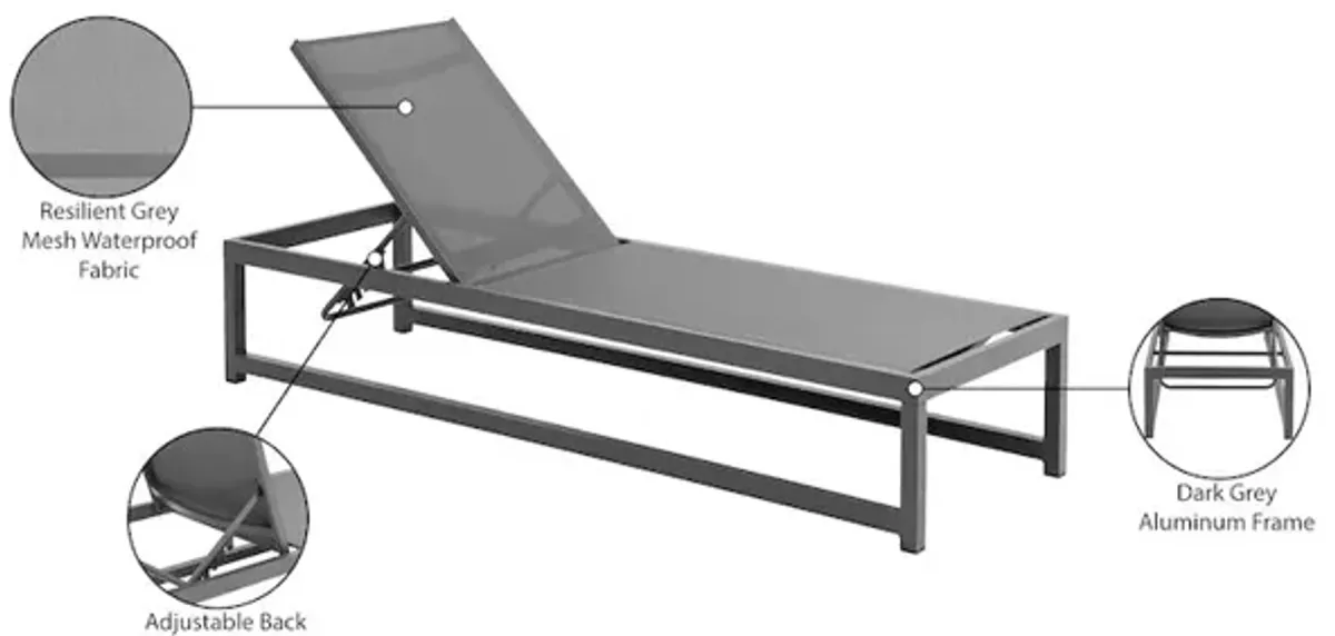 Meridian Furniture Maldives Grey Mesh Water Resistant Fabric Outdoor Patio Sun Chaise Lounge Chair