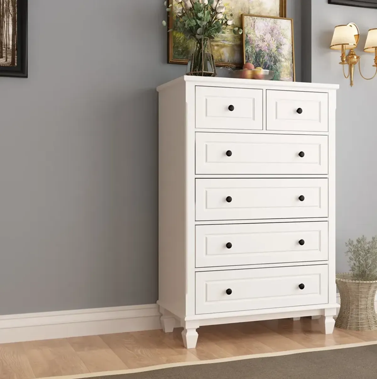 6-Drawers White Wood Chest of Drawers Dresser Vanity Table Storage Cabinet with Wooden Legs 47.4 in. H x 31.5 W x 15.7 D